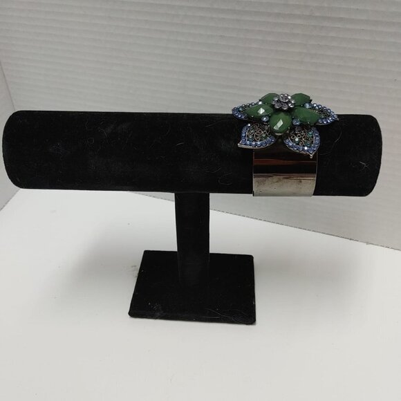 Vintage Gun Metal Green Blue Rhinestone Flower Cuff Bracelet Boho Retro Jewelry - Picture 2 of 4